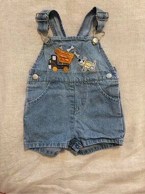 Vintage Fisher-Price Denim Shortalls 6-9M Embroidered Dump Truck Dog Bones